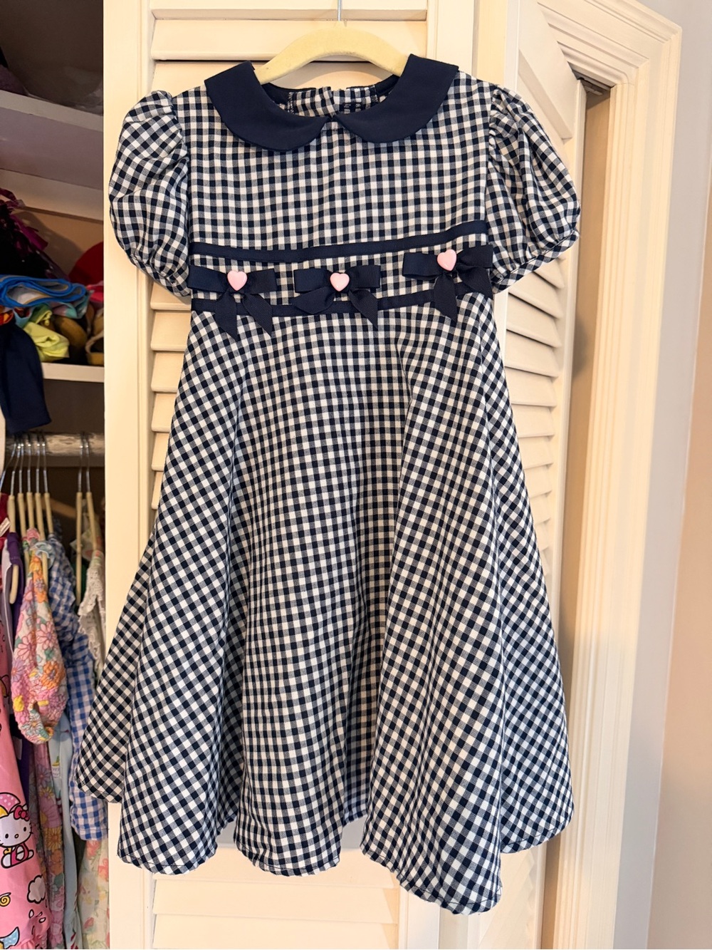 Bonnie Jean Girls Navy Gingham Peter Pan Collar Dress with Heart Accents EUC